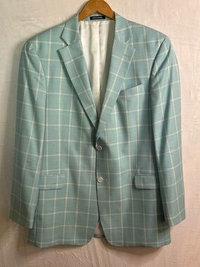 Paul Fredrick Blazer Jacket Mens 42L Seafoam Green Windowpane Super 120s Derby